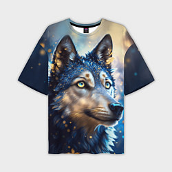 Мужская футболка оверсайз Волк на синем фоне