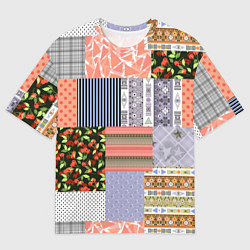 Мужская футболка оверсайз Пэчворк из разноцветных лоскутов в оранжевых и сер