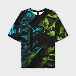 Мужская футболка оверсайз Зеленые и синие абстрактные листья
