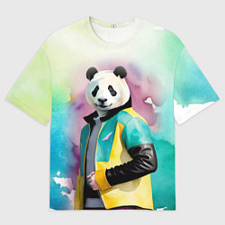 Футболка оверсайз мужская Прикольный панда в модной куртке, цвет: 3D-принт