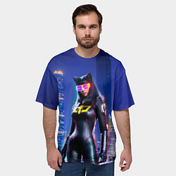 Футболка оверсайз мужская Cat girl on the background of a megalopolis, цвет: 3D-принт — фото 2