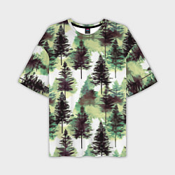 Мужская футболка оверсайз Хвойный лес - акварель в зеленых тонах
