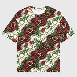 Мужская футболка оверсайз Романтика - сердечки и розы