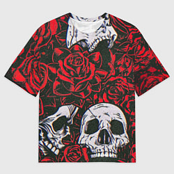 Мужская футболка оверсайз Красные розы и черепа
