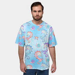 Футболка оверсайз мужская Морские коньки - паттерн, цвет: 3D-принт — фото 2