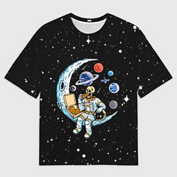Мужская футболка оверсайз Skeleton astronaut eats pizza while sitting on the
