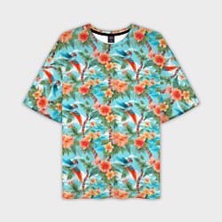 Мужская футболка оверсайз Паттерн цветы и попугаи