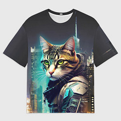Мужская футболка оверсайз Котяра в стиле киберпанк на фоне ночного города