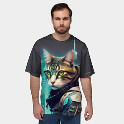 Футболка оверсайз мужская Котяра в стиле киберпанк на фоне ночного города, цвет: 3D-принт — фото 2
