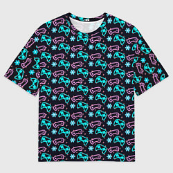 Футболка оверсайз мужская Паттерн джойстики, цветы и сердечки, цвет: 3D-принт