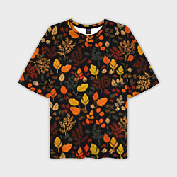 Мужская футболка оверсайз Осенние листья на черном фоне