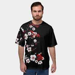 Футболка оверсайз мужская Белая и красная сакура - цветение, цвет: 3D-принт — фото 2