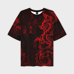Мужская футболка оверсайз Красный дракон - иероглифы