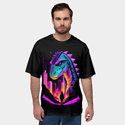 Футболка оверсайз мужская Динозавр в мегаполисе - неоновое свечение, цвет: 3D-принт — фото 2