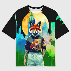 Футболка оверсайз мужская Лис на фоне луны - ночной Нью-Йорк, цвет: 3D-принт