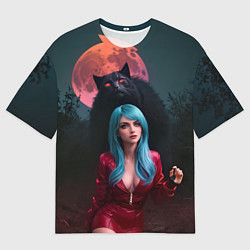 Футболка оверсайз мужская Девушка в красном костюме с чёрным котом, цвет: 3D-принт