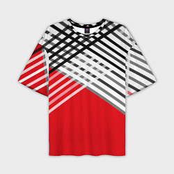 Футболка оверсайз мужская Косые черно-белые полосы на красном, цвет: 3D-принт