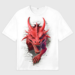 Футболка оверсайз мужская Красный дракон выглядывает из стены, цвет: 3D-принт