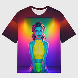 Футболка оверсайз мужская Девушка в жёлтом топе медитирует в неоновой комнат, цвет: 3D-принт