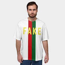 Футболка оверсайз мужская Зелёная и красная полосы с надписью Fake, цвет: 3D-принт — фото 2