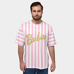 Футболка оверсайз мужская Barbie - золотая надпись и бело-розовые полосы, цвет: 3D-принт — фото 2