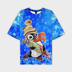 Мужская футболка оверсайз Новогодний пингвин со снежинками