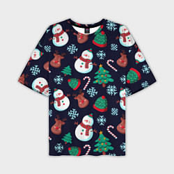 Мужская футболка оверсайз Снеговички с рождественскими оленями и елками