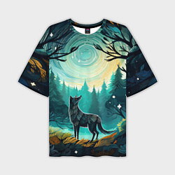 Мужская футболка оверсайз Волк в ночном лесу фолк-арт