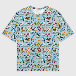 Футболка оверсайз мужская Вязаные птички паттерн, цвет: 3D-принт