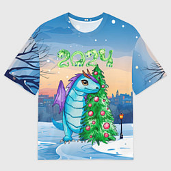 Футболка оверсайз мужская Дракон у елки 2024, цвет: 3D-принт