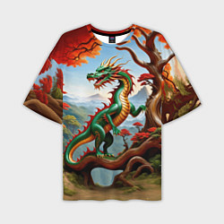 Мужская футболка оверсайз Зеленый деревянный дракон