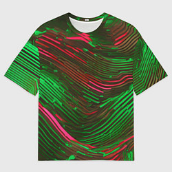 Мужская футболка оверсайз Волнистые линии зелёные и красные