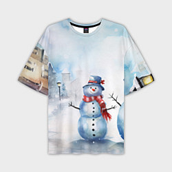 Мужская футболка оверсайз Новогодний день со снеговиком