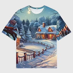 Мужская футболка оверсайз Новогодний дом ночь