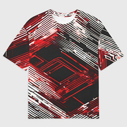 Футболка оверсайз мужская Киберпанк линии белые и красные, цвет: 3D-принт