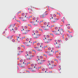 Мужская футболка оверсайз Черепа на розовом в стиле квиллинга