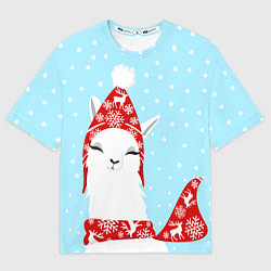 Мужская футболка оверсайз Лама - альпака в шапочке зимой