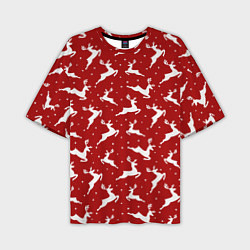 Мужская футболка оверсайз Красный паттерн с новогодними оленями