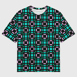 Мужская футболка оверсайз Зелено-сиреневый с черный клетчатый узор