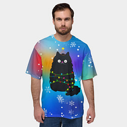Футболка оверсайз мужская Новогодний котик и снежинки, цвет: 3D-принт — фото 2