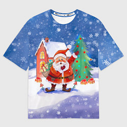 Футболка оверсайз мужская Дед Мороз с мешком и елкой, цвет: 3D-принт