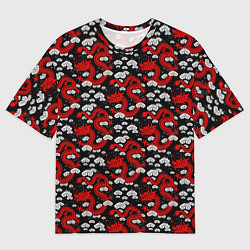 Футболка оверсайз мужская Красный дракон на черном фоне, цвет: 3D-принт