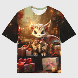 Футболка оверсайз мужская Белый новогодний дракон с подарками, цвет: 3D-принт