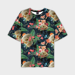 Мужская футболка оверсайз Узор из черепов с цветами и листьями