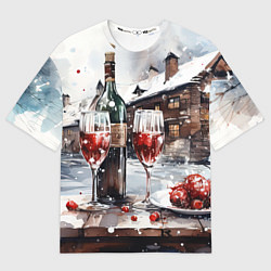 Мужская футболка оверсайз Новогодние напитки на фоне зимнего пейзажа