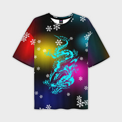 Футболка оверсайз мужская Праздничный дракон и снежинки, цвет: 3D-принт
