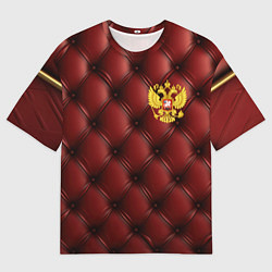 Мужская футболка оверсайз Золотой герб России на красном кожаном фоне