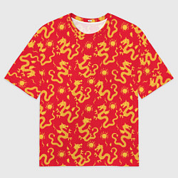Футболка оверсайз мужская Золотые драконы на красном фоне, цвет: 3D-принт