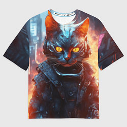 Футболка оверсайз мужская Пламенный кот в стиле киберпанк, цвет: 3D-принт