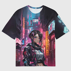 Футболка оверсайз мужская Девушка на фоне киберпанка, цвет: 3D-принт